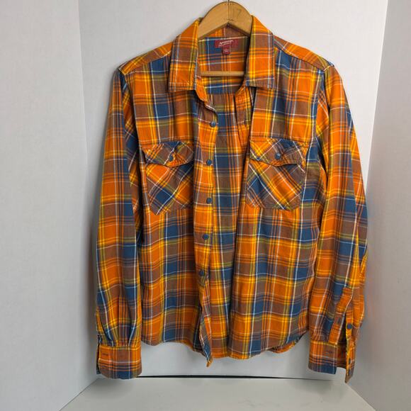 Arizona Jean Co, Orange/Blue Plaid Long Sleeve Button-Up, Womens, Large - Picture 1 of 5